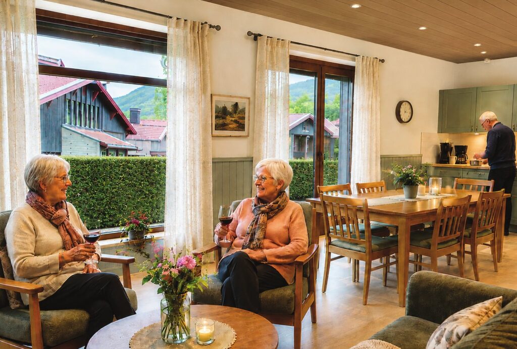 Visualisering av det felles oppholdsrommet med sittegrupper, langbord, kjøkkenkrok og store vinduer ut mot hagen.